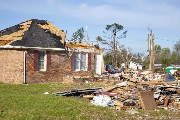 A severely damaged house with debris scattered around from a storm
