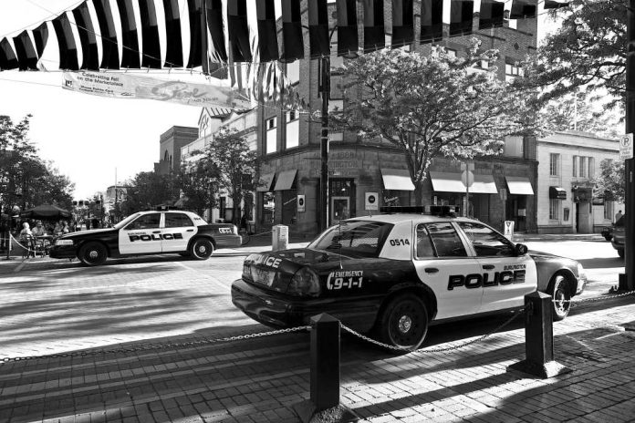 Police cars parked on a city street corner