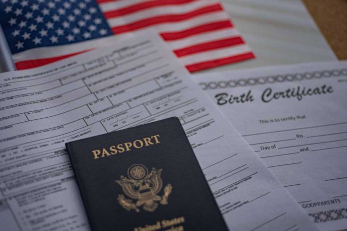 shutterstock_1629072466 A passport and birth certificate on a table with an American flag in the background