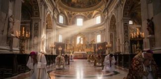 Clergy members praying in a grand cathedral with sunlight streaming through windows