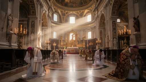 Clergy members praying in a grand cathedral with sunlight streaming through windows