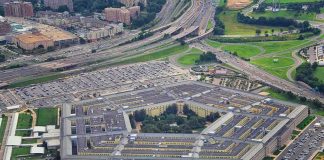 Aerial view of a large pentagon-shaped government complex