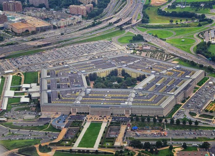 shutterstock_1228210042 Aerial view of a large pentagon-shaped government complex