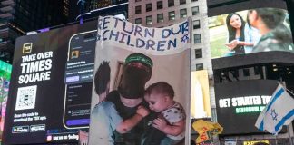 Terrifying Child Abduction Attempt—Mom Fights Back Protesters in Times Square holding a sign and Israeli flags