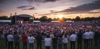 Terrifying Stage Crash Rocks Trump Fair Large crowd at a political rally during sunset