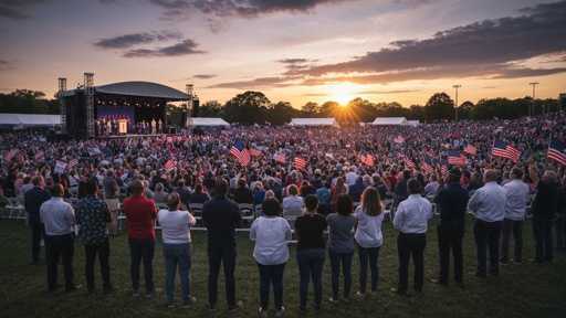 shutterstock_2766635701 Large crowd at a political rally during sunset