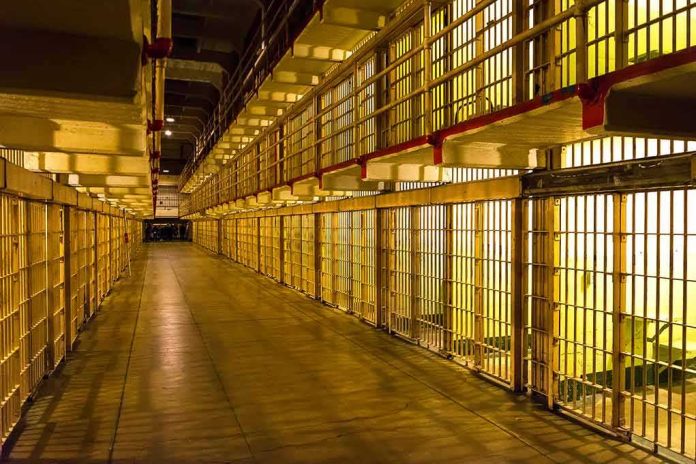 shutterstock_1231860007 Prison cell block corridor with barred cells and upper walkways