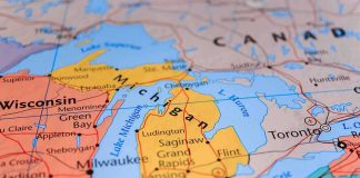 Close-up of a map highlighting Michigan and the Great Lakes