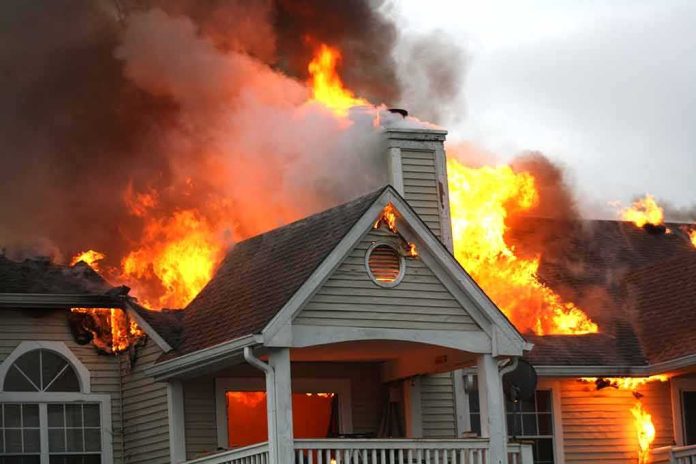 House engulfed in flames with heavy smoke from the roof