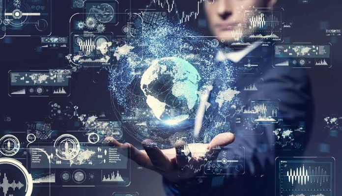 Businessperson holding a digital globe with data interfaces