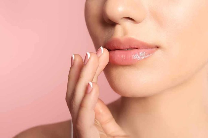 Close-up of woman's lips with hand touching