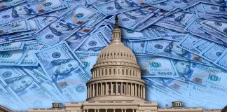 United States Capitol building with overlay of hundred-dollar bills