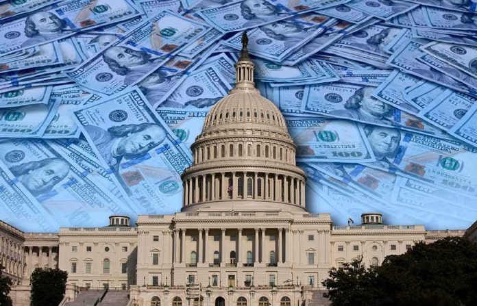 United States Capitol building with overlay of hundred-dollar bills