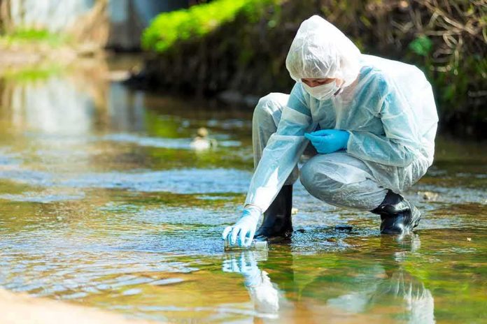 Scientist in protective suit collecting water sample from stream
