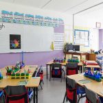 Elementary classroom with arranged desks and colorful supplies