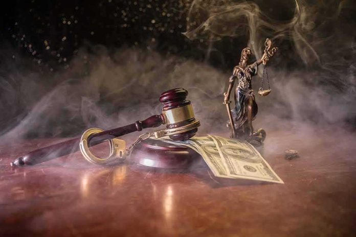 Judge's gavel with handcuffs and cash on a smoky table