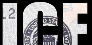 Bold black text over close-up of U.S. currency seal