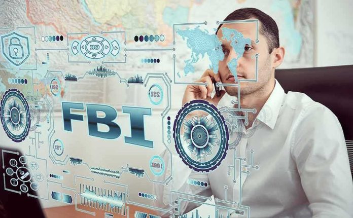 Man on phone behind digital interface with FBI and cybersecurity graphics