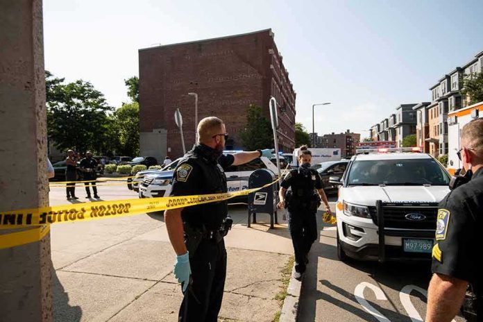 shutterstock_1781781026 Police officers secure an urban street with yellow tape near patrol cars