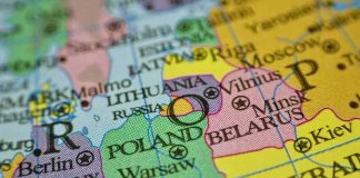Close-up of a political map of Eastern Europe