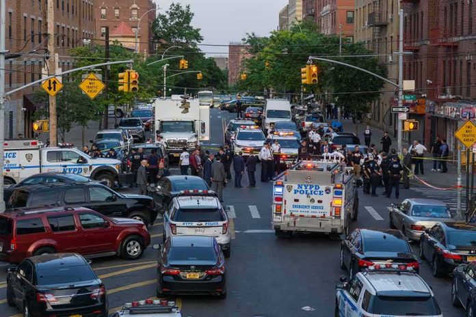 Police vehicles and officers block a city street during an active scene