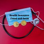 Stethoscope and face mask with coins on red background