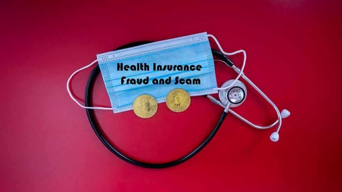 Stethoscope and face mask with coins on red background