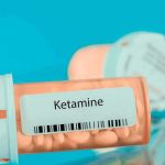 Inside Matthew Perry’s Fatal Ketamine Ring Prescription pill bottle labeled ketamine on a blue background
