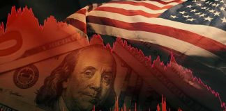 US flag overlaid on dollar bills with red falling stock chart