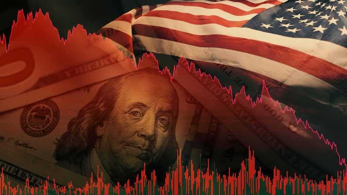 US flag overlaid on dollar bills with red falling stock chart