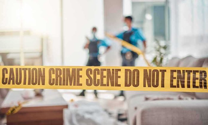 crime scene tape in a living room with two officers in background