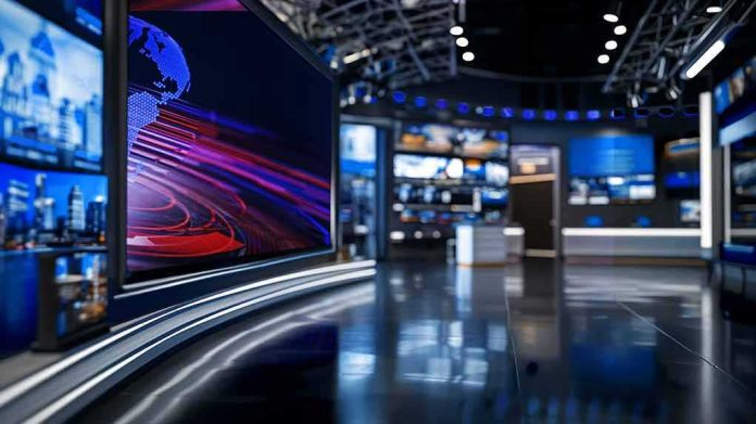 modern television news studio with large video screens