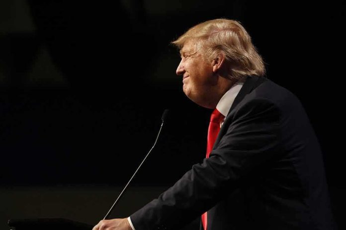 Donald Trump speaking at a podium in profile against a dark background