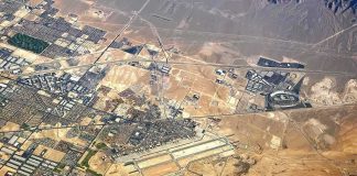 Aerial view of desert city with airport and highways