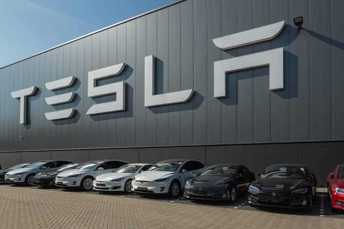Tesla cars parked outside a large Tesla building