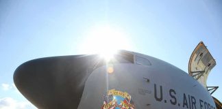 U.S. Air Force aircraft nose with sun flare