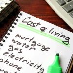 Budget notebook with cost of living list, calculator, and cash