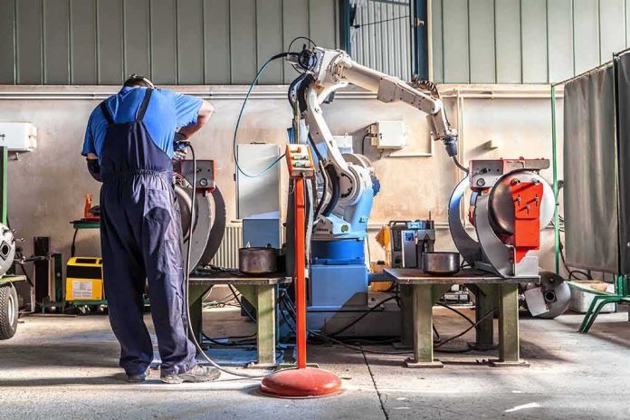 shutterstock_660540880-1 Factory worker operates near an industrial robot arm in a workshop