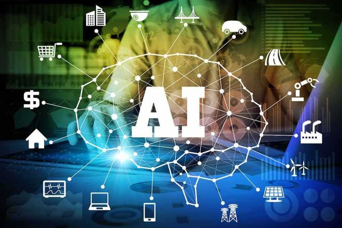 AI network diagram over a person using a laptop