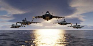 Air Force’s Fighter Jet WARNING Five jets flying low over the ocean at sunset.