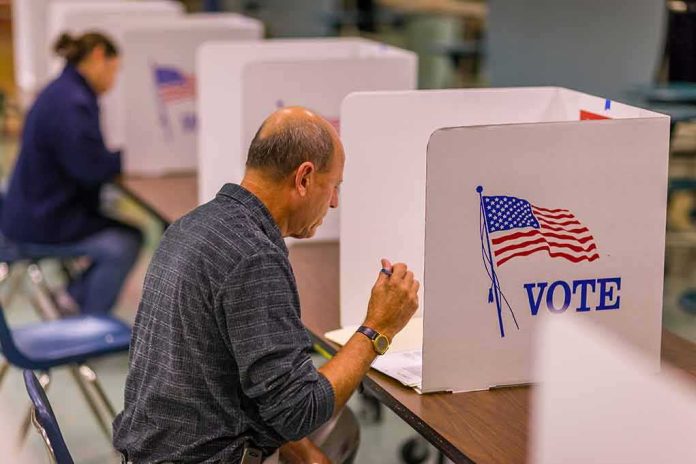 Voter fills out ballot at a polling booth