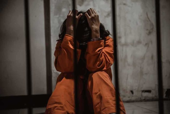 Prisoner in orange jumpsuit sitting behind bars