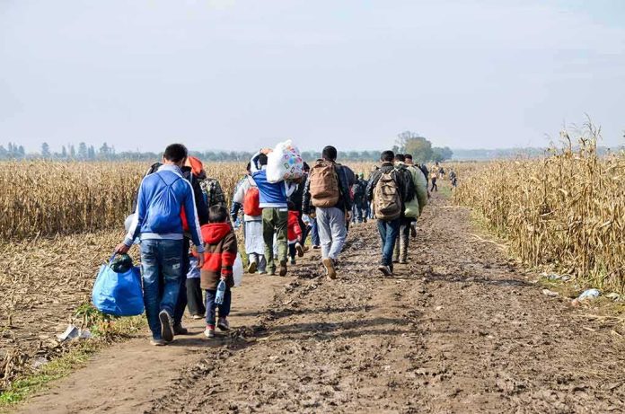Group of people walking along a muddy rural path between fields