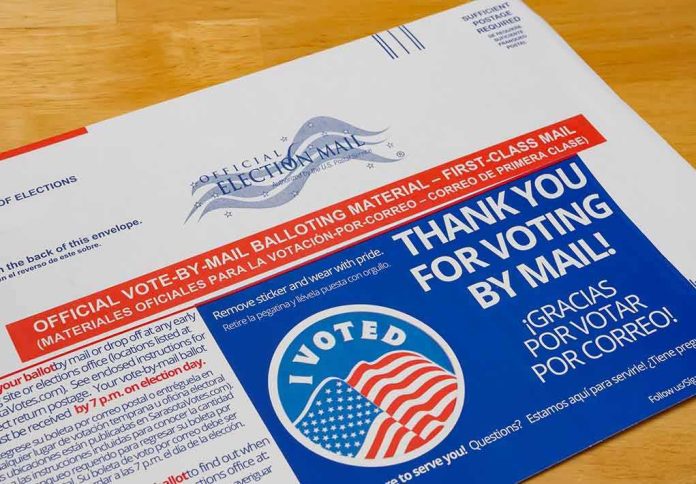 shutterstock_1824891968 Mail-in ballot envelope with thank you message and I Voted sticker