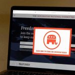 Laptop screen showing a political committee website with a popup featuring an elephant logo