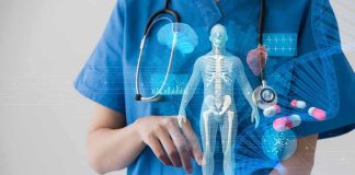 Healthcare professional uses tablet with medical holograms