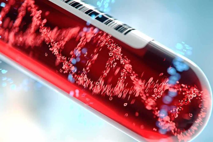 Blood sample vial with stylized DNA helix inside